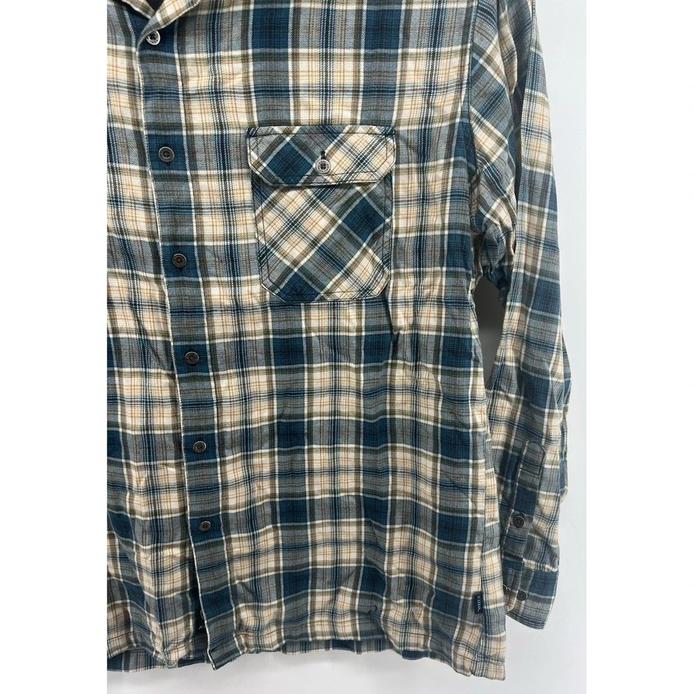 Kuhl XL Mens Lightweight Flannel Shirt Plaid Blue Tan White Cotton Blend - Picture 6 of 8